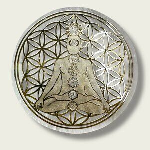 Selenite Crystal Meditation Plate With Gold Chakra Design & Flower Of Life 3.5"